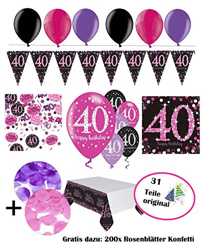 Komplette FesteFeiern® Dekoration zum 40. Geburtstag | Geburtstags Deko 40 | 31 Teile pink schwarz violett mit Luftballon | Party Deko Set happy birthday 40