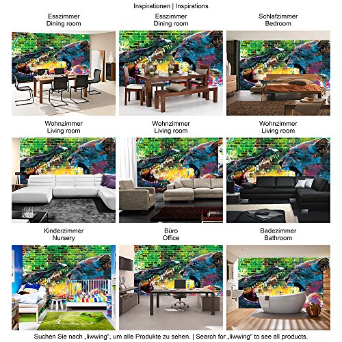 Vlies Fototapete 312x219cm PREMIUM PLUS Wand Foto Tapete Wand Bild Vliestapete – Graffiti Tapete Steinwand Steine Graffiti Tiere Krokodil Löwe Wasser bunt – no. 1918 - 5