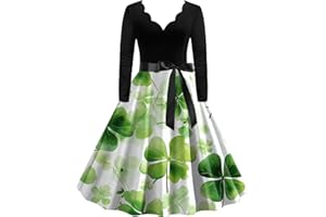LUOLUOLUO St Patricks Day Dress for Women Green Shamrock Dress Irish Lady Fancy Dress Long Sleeve V Neck Tunic Dresses Bodycon Rockabilly Swing Dress Evening Party Prom Bow Dress A Line Skirt Cocktail Dress