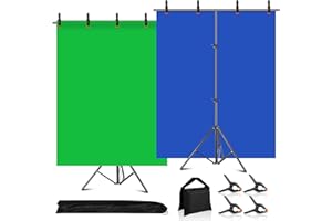 MSKIRA Blue Green Screen Backdrop with Stand Kit, 6.5 X 6.5Ft T-Shaped Adjustable Photo Backdrop Support Stand, 2-in-1 Reversible Blue Greenscreen Background, 4 Clamps, Sandbag