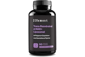 Trans-Resvératrol & NAD+ Liposomal, avec Quercétine et Pipérine, 580 mg par Gélule, 90 Gélules - Anti-Âge et Activateur des Sirtuines - Zenement