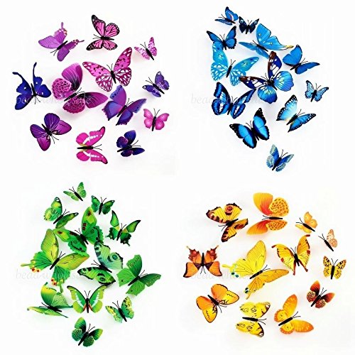 Haimoburg 72 Stück 3D Schmetterling Aufkleber Wandsticker Wandtattoo Wanddeko für Wohnung, Raumdekoration Klebepunkten+ Magnet (72 Stück in 6 Farbe 12 Gelb+12Grün +12 Lila +12 Rosa +12 Blau+12 Rot) - 3