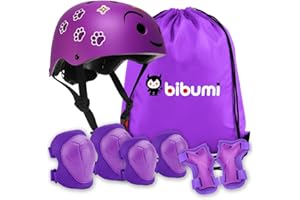 BIBUMI Casco y Protecciones Niño y Niña - Casco + 2 Rodilleras + 2 Muñequeras + 2 Coderas - Bicicleta/Patin/Patines/Skate - Ajustable 50-54cm. Infantil Niños 4-10 Años - Capacete Bicicleta Criança