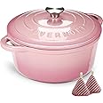 Overmont 26cm/5.2L Enamelled Cast Iron Round Casserole Pot With Lid Cookbook & Cotton Potholders - Non-stick Dutch Oven Cookware for Braising, Stews, Roasting, Bread Baking - Pink, 5.5QT