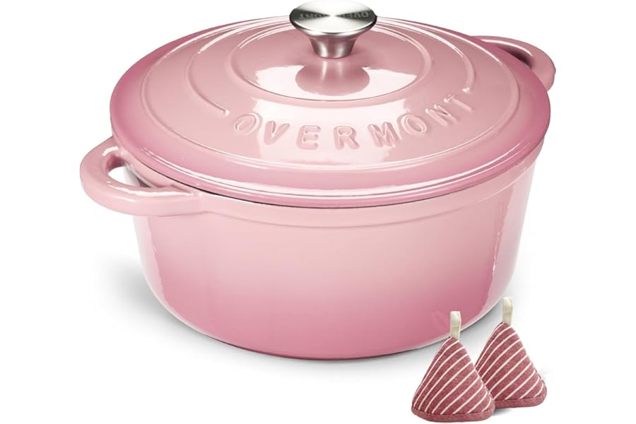 Overmont 26cm/5.2L Enamelled Cast Iron Round Casserole Pot With Lid Cookbook & Cotton Potholders - Non-stick Dutch Oven Cookware for Braising, Stews, Roasting, Bread Baking - Pink, 5.5QT