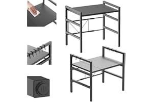JAOSY 2-Tier Expandable Microwave Shelf Stand with 6 Hooks, Length/Height Adjustable Microwave Oven Rack, Free Standing Kitchen Countertop Shelf, Carbon Steel Baker Rack, Space-Saving Kitchen Organizer