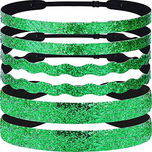 Bememo 6 Pieces St Patricks Day Headbands Adjustable Elastic Irish Green Glitter Hairbands No Slip Sparkly Headband Hair Accessories for Lady Women Girls Party Decoration and Daily Wearing