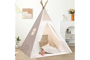 Jodimitty Kids Teepee Tent Indoor with Integrated Mat 120x120x160cm White Cotton Canvas Play Tents Birthday Gift for Girls Boys, Window Lanyard Design & Chic Ball Decoration, with Carry Bag