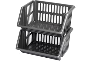 ZARVICZONIA Large Stacking Storage Baskets Veg Rack, Durable Plastic Stackers, Dimensions: 36 cm (L) x 30 cm (D) x 17.5 cm (H) (Grey, Pack of 2)