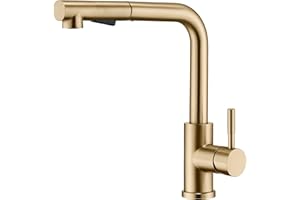 KINSE Kitchen Mixer Tap with Pull-Out Spray Head, Stainless Steel Kitchen Sink Faucet, Single Lever, 2 Jet Types, 360° Swivel, Brushed Gold