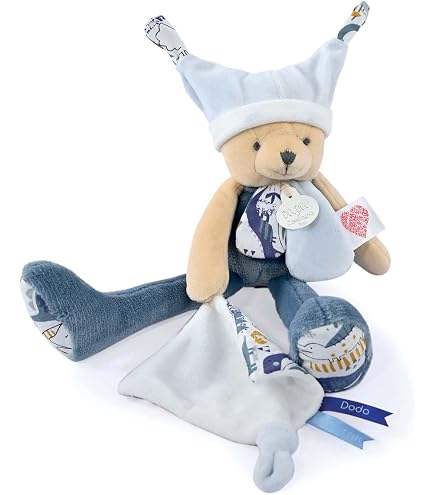 Doudou Et Compagnie Les Petits Futés – Doudou Piatto Orso Blu 25 Cm Con Cuffia, QR Code Con Storie Audio, Garantito Se Perso – Regalo Nascita, DC4059 - 4