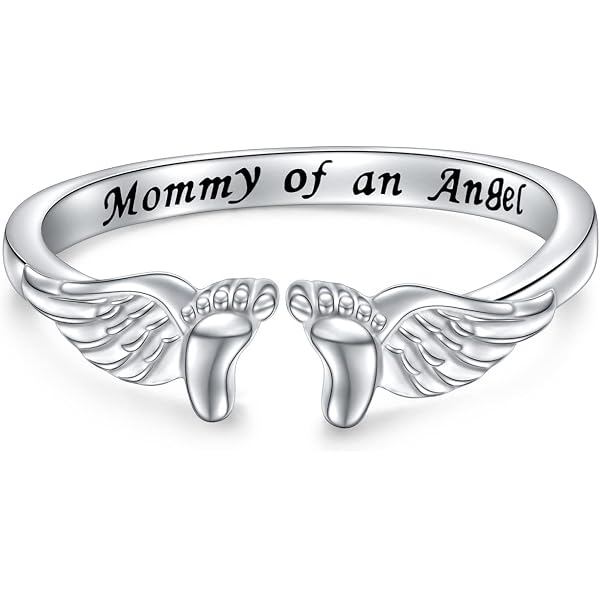 FLYOW Sterling Silver Angel Wing Ring – 'A Piece Of My Heart Lives In Heaven' Memorial Gift For Loss Of Loved One