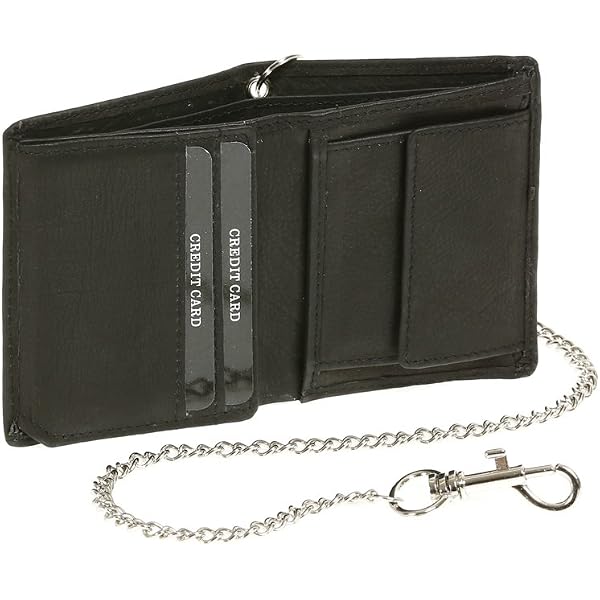 LEAS Portafoglio In Vera Pelle Con Catena - Stile Vintage, Nero, Formato Orizzontale 12.5x9.5 Cm - Per Uomo E Donna, Con Bloccaggio Esterno