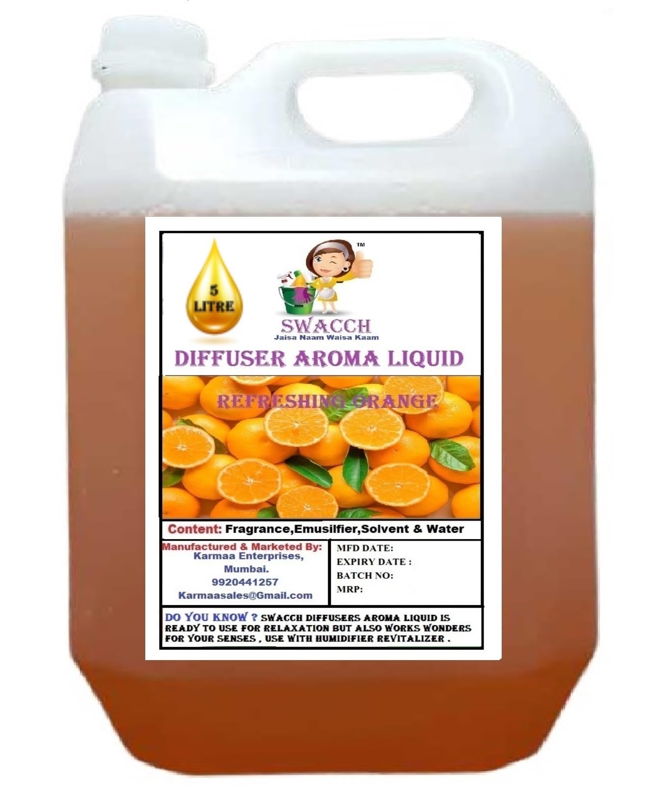 Swacch Diffuser Aroma Liquid Orange (Ready to use) 5 Litre