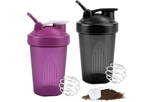 Muyohix 2 Pezzi Shaker Proteine, 400ml Shaker Proteico con Sfera in Acciaio, Bottiglia per Shakers Borraccia Protein, Senza BPA e a Prova di Perdite per Frullati Proteici(Viola+Nero)