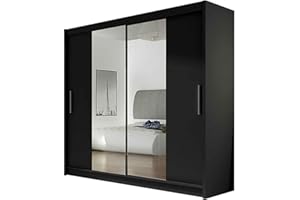 ‎MIRJAN24 Mirjan24 Kleiderschrank London II mit Spiegel, Schiebetürenschrank, Schwebetürenschrank, Modernes Schlafzimmerschrank 180x215x58cm, Garderobe, Schlafzimmer (Schwarz)