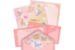 ANZON MORIES Lot de 48 feuilles de papier de papeterie aquarelle papillon (ligné d'un seul côté) et enveloppes auto-adhésives de 100 g/m², papier à lettre rose 27,9 x 21,6 cm avec en-tête