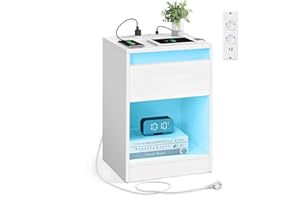 VASAGLE KAILYN Colección - Mesita de Noche con Regleta, Mesa Auxiliar con Luces LED Ajustables, Cajón, 2 Enchufes, 2 Puertos USB, Moderno, Dormitorio, Salón, Blanco Nube LET618T15