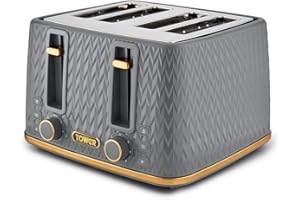 Tower T20061GRY Empire 4-Slice Toaster with Defrost/Reheat, Removable Crumb Trays, 1600W, Grey and Brass