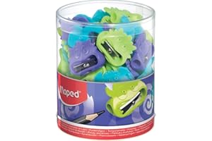 Maped - Material Escolar - Sacapuntas Vivo Fancy - Expositor con 65 Sacapuntas - Tienen 1 Orificio para Afilar - Tamaño Compacto para el Estuche - Diseño Lúdico - 3 Colores Diferentes
