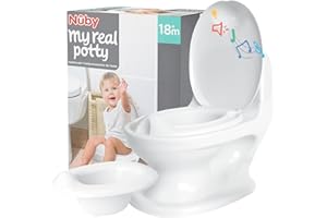Nuby - My Real Potty - Vasino bambini per imparare a usare il wc - Vasino portatile con rumore di scarico, pile incluse - Wc portatile +18 mesi - Vasino portatile per bambini da viaggio - Bianco