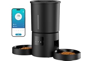 AONBOY Distributore Automatico Cibo Gatti 2 Ciotole: 5L Distributore Automatico Cibo Cane con Timer WiFi 2.4G per Crocchette - Design Doppia Ciotola per Famiglie con Più Gatti & Cani - Nero