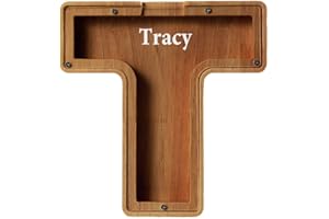 YSINOBEAR Personalized Letter Piggy Bank ,Wooden Jar Coin Saving Money Box ,Alphabet Piggy Bank for Children ,Letter Coin Bank Wooden Money Box Frame Wood ,Letter Piggy Bank For Boys (T)