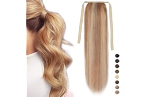 SEGO 14"(35cm) Coleta Postiza Corta Pelo Natural Clip Lisa #18/613 Rubio Ceniza/Blanqueador Rubio Extensiones de Cabello Humano 100% Remy Ponytail Extension (80g)