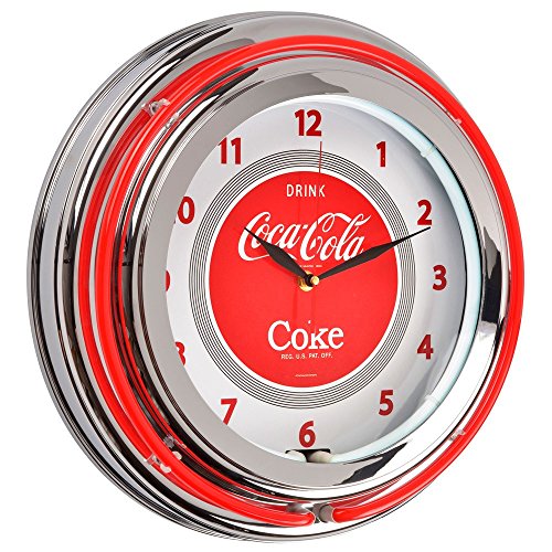 Coca-Cola Coke 36-1C-005 Horloge murale ronde lumineuse Néon Coca-Cola Rouge et gris chrome Double anneau lumineux D38 x 8 cm