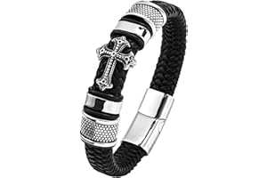 Mochity Pulsera Hombre, Pulsera Cuero Hombre, Pulseras Hombre Con Cierre Magnético, Pulsera Cruz De Cuero Hombre, Pulseras Vikinga, Pulsera Acero Inoxidable Hombre, Con Caja De Regalo