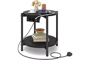 ‎IRONCK IRONCK Beistelltisch rund, Couchtisch mit Steckdose, Kleiner Tisch Holz, Wohnzimmertisch 2 Ablagen,Sofatisch,USB & Type-C-Anschluss, Metallrahmen, Nachttisch für Schlafzimmer (Schwarz, 1 Stück)