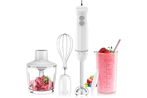 ‎BONSENKITCHEN Bonsenkitchen Pürierstab, 1000W Edelstahl Elektrischer Stabmixer, 2 Geschwindigkeitsstufen, Stabmixer Set，mit Lebensmittelhacker, Messbecher und Schneebesen, für Babynahrung, Suppen, Smoothies, Weiß