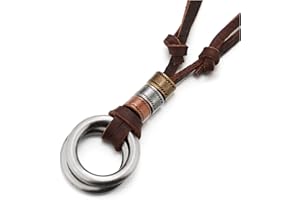 COOLSTEELANDBEYOND Retro, Dobles Abierto Círculo Perla Colgantes Collar con Colgante de Hombre Mujer, Cordón de Cuero Ajustable