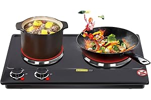 QUIOTUIR Vitroceramica Portatil 2500W Placa de Cocina Doble Portátil Botón Control Hornillo Electrico con 2 Fuegos Potencia Calentamiento Ajustable para Sartenes, Ollas Acero Inoxidable, Ollas Cerámica