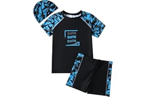 Hotfiary Boys Swimming Costume, Big Kids Swim Trunks & Short Sleeve Rash Guard Shirt & Swim Cap, Two Piece Swimsuit T-Shirt Short Set, Summer Bathing Suit Swimwear for 6 7 8 9 10 11 12 13 14 15 Years