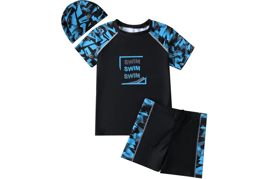 Hotfiary Boys Swimming Costume, Big Kids Swim Trunks & Short Sleeve Rash Guard Shirt & Swim Cap, Two Piece Swimsuit T-Shirt Short Set, Summer Bathing Suit Swimwear for 6 7 8 9 10 11 12 13 14 15 Years