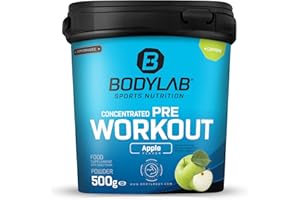 Bodylab24 Concentrated Pre-Workout Booster Mela 500g, booster di energia con creatina, beta-alanina, arginina, niacina e caffeina, per più potenza ed energia durante gli allenamenti.