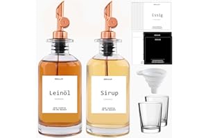 ‎BIKALAN BIKALAN Essig und Ölflaschen Set, Kaffee Sirup Spender, Ölspender, Mundspülung Kaffeesirupspender Automatisches Öffnen und Schließen Olivenöl Flasche, mit 22 Aufkleber, 2 Bechern, Trichter Rose Gold