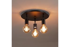 Lightsjoy Vintage Ceiling Light 3 Way Rotatable Ceiling Spot Lights Adjustable E27 Lamp Base Semi Flush Ceiling Lamp for Industrial Kitchen Dining Room Living Room Balcony -Round Base, Black 3 Heads