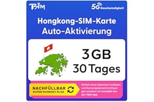 TSIM Hongkong SIM-Karte | 3GB Super Economy Nachlade-Tarif! Automatische Aktivierung, 30 Tage Gültigkeit | 5G-Geschwindigkeit + Hotspot | Nur Daten, Keine Telefonnummer