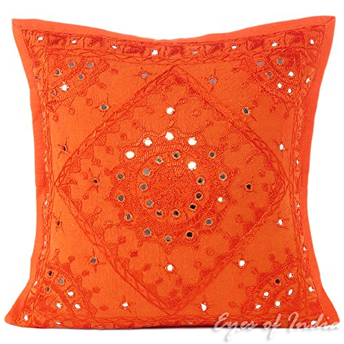 Eyes of India - Naranja Espejo Bordado Decorativo Sofá Funda Manta Cojín Boho Bohemio India - Naranja, Naranja, 16 X 16 in. (40 X 40 cm)