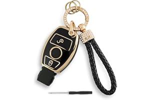 GLOUVDEYZ TPU Car Key Cover For Mercedes Benz A B C E G M R S GL SL SLK Sprinter Viano Vito Class W169 W245 W203 W204 W210 W211 W212 2 Button Car Key Fob (Black) with Diamond lanyard and Screwdriver