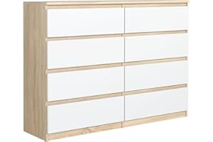 meble masztalerz Commode Chambre avec 8 Tiroirs - Meuble de Rangement pour Salon et Entrée Couloir - Spacieuse et Design - Sonoma Blanche - 120 x 101,5 x 39 cm