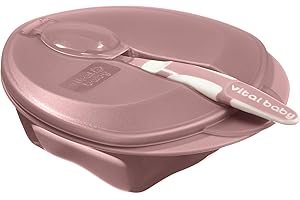 Vital Baby Nourish Weaning Bowl with Lid & Spoon 6m+, Berry Pink, Food Mashing Zones, Soft Spoon Tip, EarthSmart Biodegradable, BPA-Free & Portable with Hygienic Spoon Cover