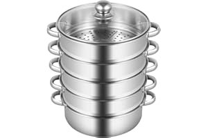 CUCUMMOO 5 Lagiger Dampfkocher Edelstahl Biodampfkocher mit Transparenter Glas-Deckel 26cm Edelstahldampfer Mantovarka Dampfkochtopf Induktion Kitchen