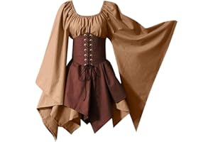 YEBIRAL Damen Mittelalter Kleid mit Trompetenärmel Gothic Retro Kleid Renaissance Cosplay Kostüm Gebunden Taille Übergröße Kleid Karneval Party Halloween Kostüm