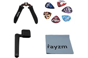 Rayzm Winderka do gitary / nóż do strun gitarowych / wyciągacz szpilek mostka 6 szt. celuloidowe kostki gitarowe plektrony, ściereczka do polerowania gitary, zestawy do pielęgnacji gitary jako prezent/prezent dla gitarzysty