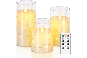 Homemory Flameless Candles Flickering with String Lights, Fairy Lights LED Candles, Electric Candle with Remote Control and Timer, Battery Operated Candle, Ivory White, Acrylic, Set of 3