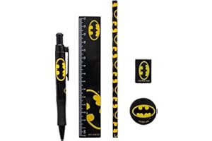 GENERIC Batman Ensemble de Papeterie 6 pièces avec Stylo à Bille, Crayon, règle, Taille-Crayon et Gomme – Produit sous Licence Officielle, Noir/Jaune, Trousse à Crayons