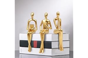 MASVAN 3Pcs Gold Abstract Figurines Thinker Statues, Home Decor Resin Bookshelf Sitting Sculpture, Modern Collectible Accents for Office Living Room Coffee Table Shelves Decoration (Gold)